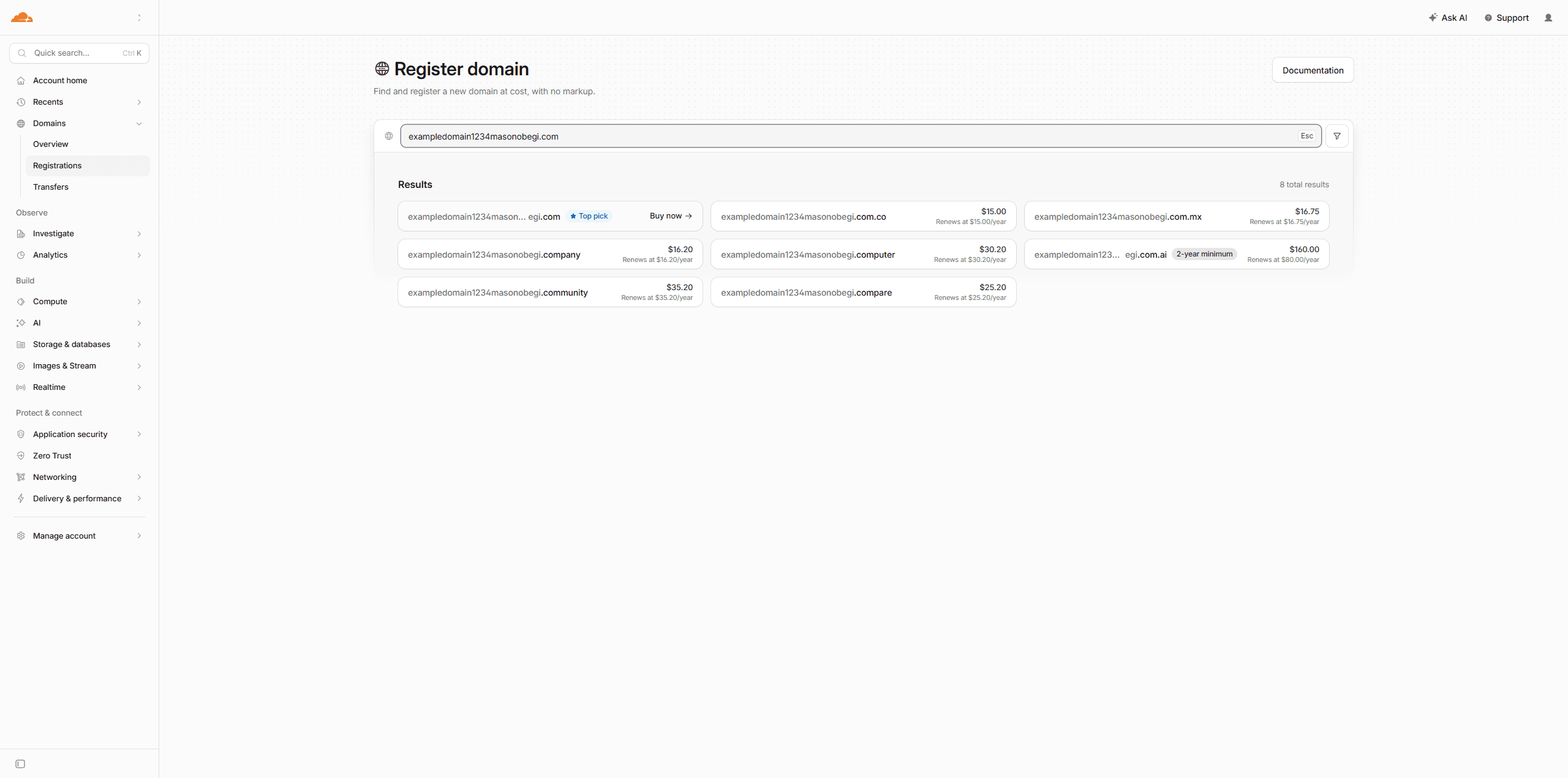 Cloudflare's Register domain page showing search results with yearly prices