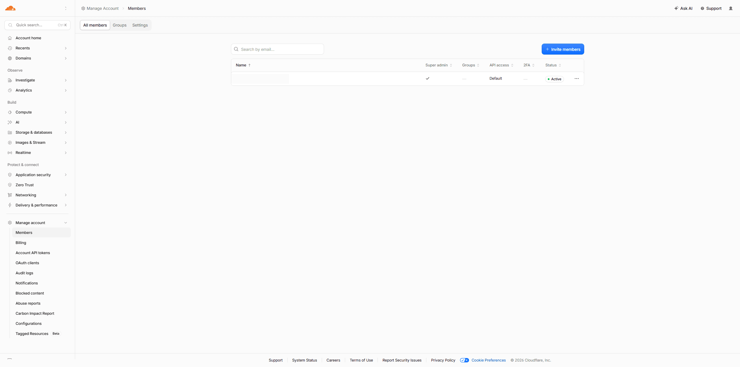 Cloudflare's Members page showing the Invite members button