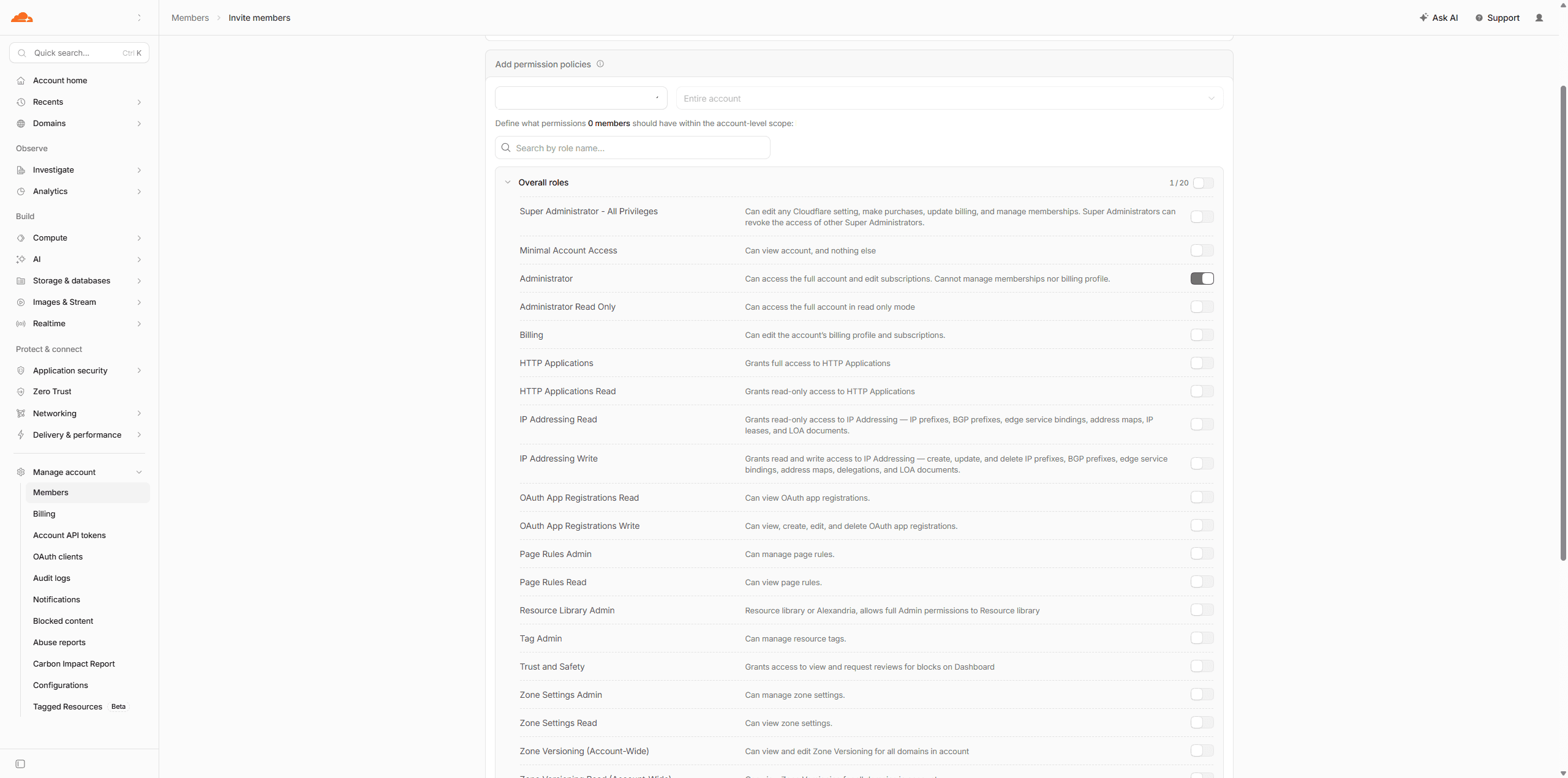 Cloudflare's role list with Administrator switched on and Super Administrator off
