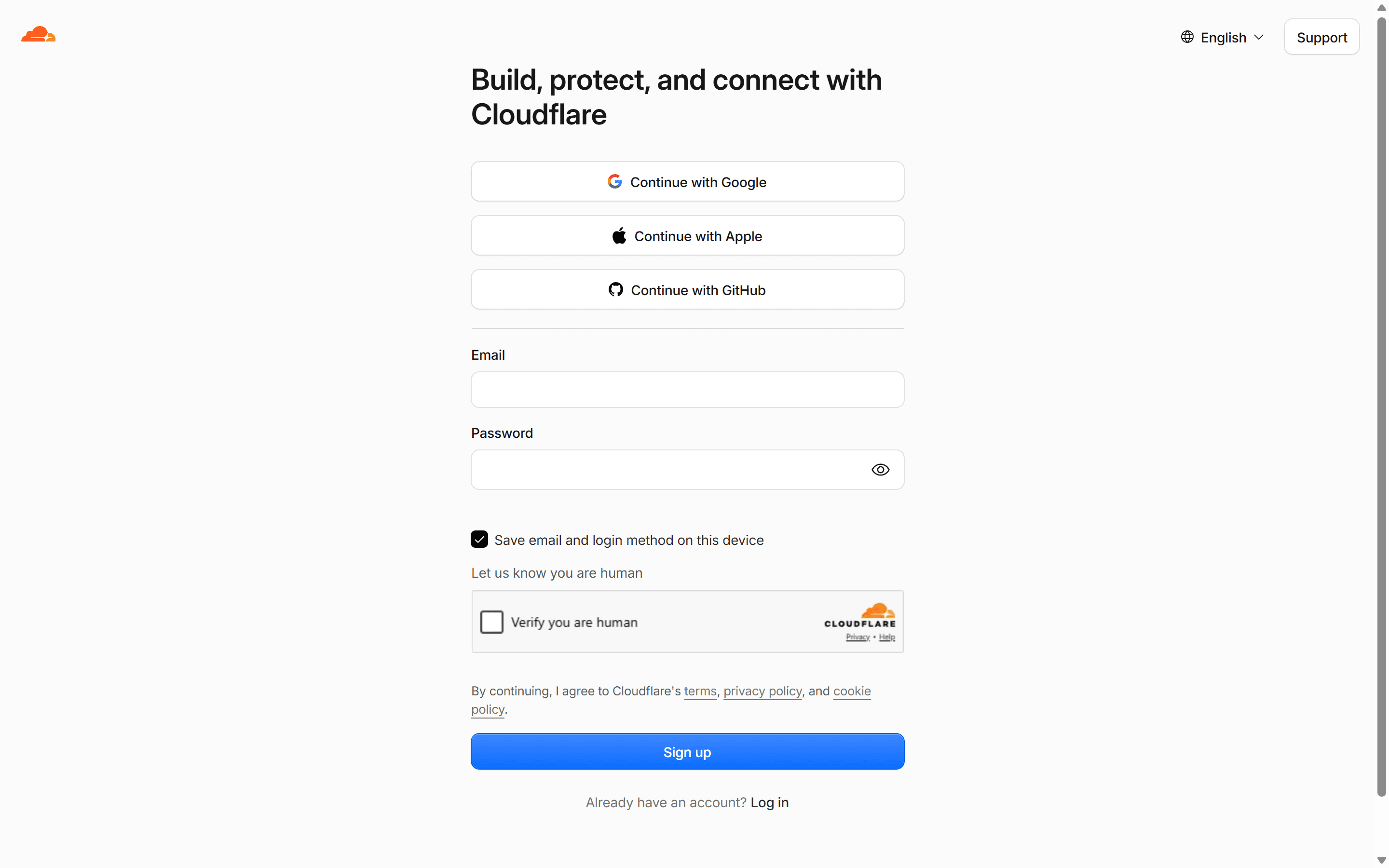 Cloudflare's signup form, including the Verify you are human checkbox