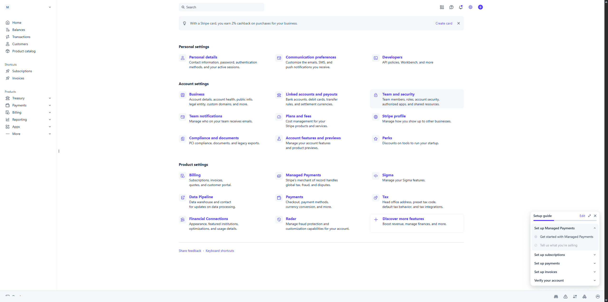Stripe settings page, with Team and security under Account settings