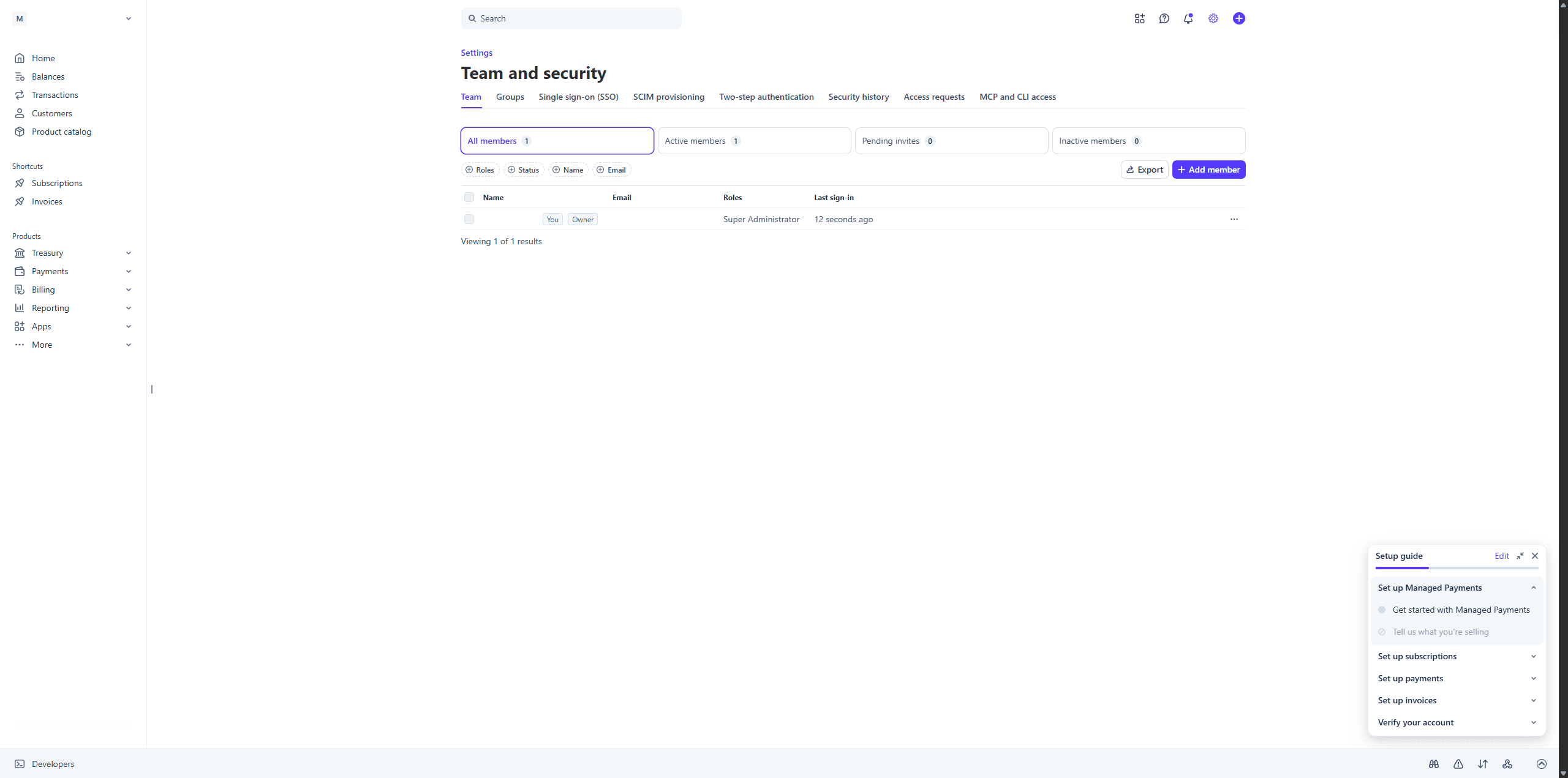 Stripe's Team and security page showing the Add member button