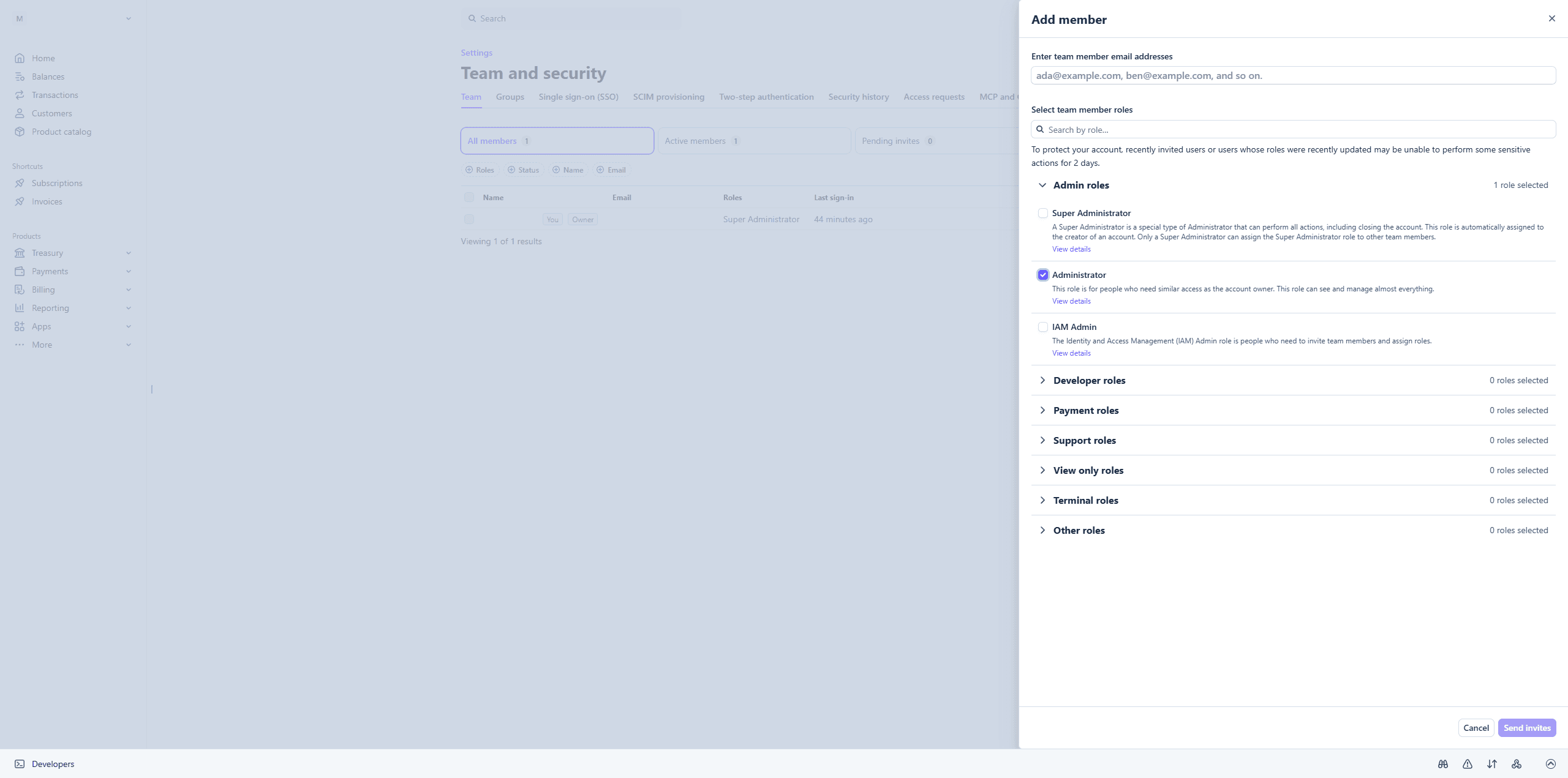 Stripe's Add member panel with Administrator ticked and Super Administrator unticked