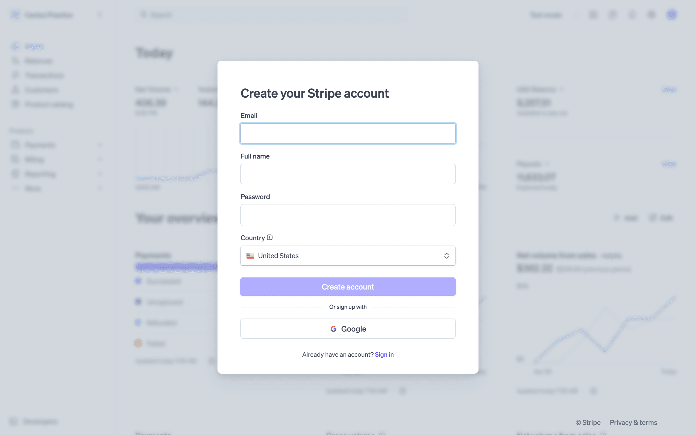 Stripe's Create your Stripe account form
