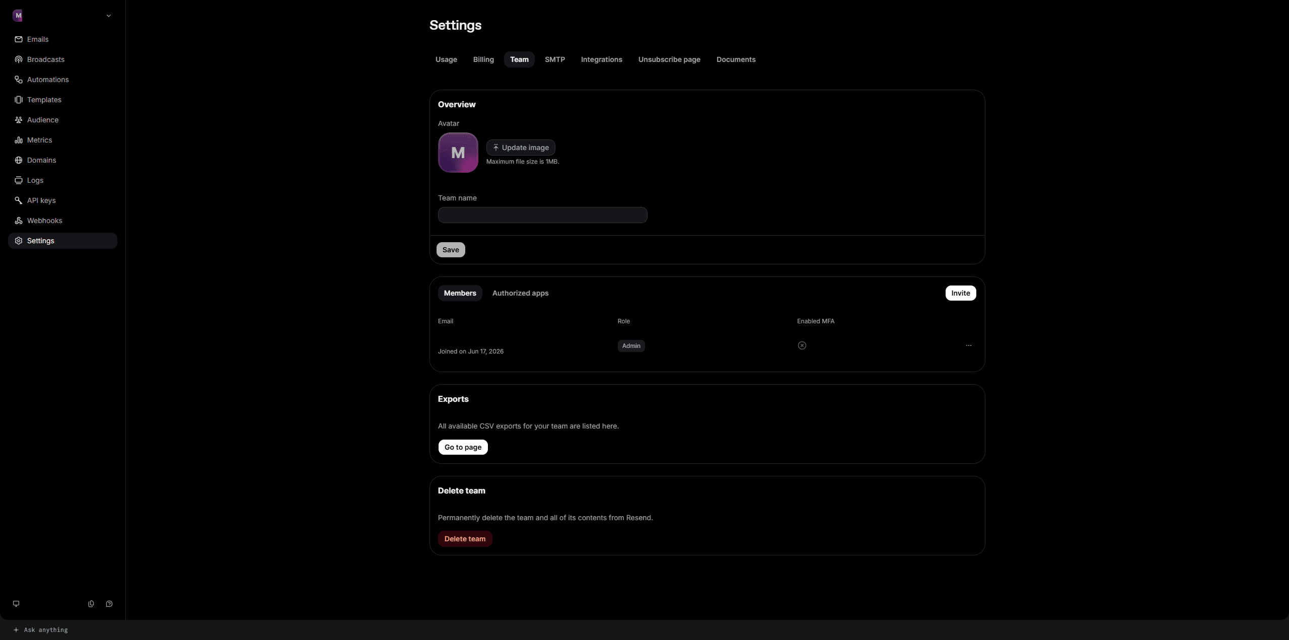 Resend's Settings page on the Team tab, showing the Members box and its Invite button