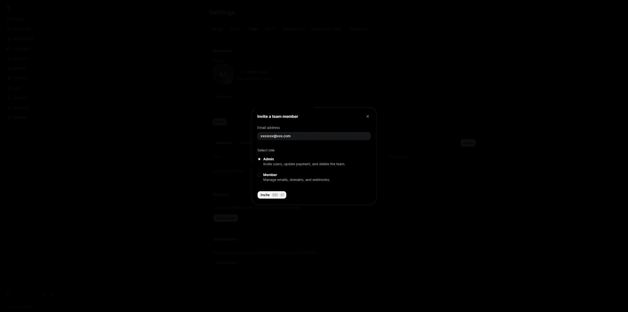 Resend's invite dialog with the Admin role selected