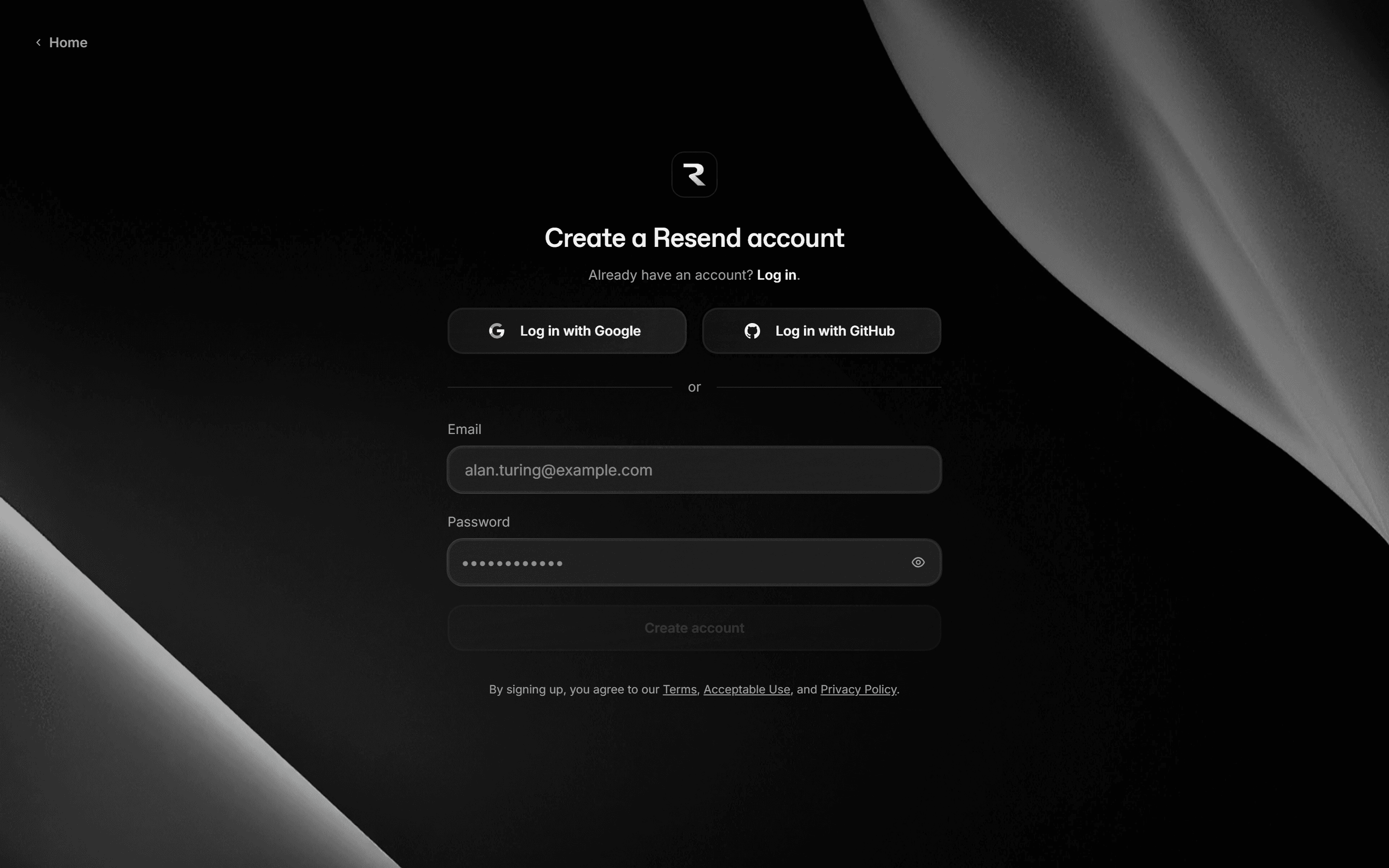 Resend's Create a Resend account form