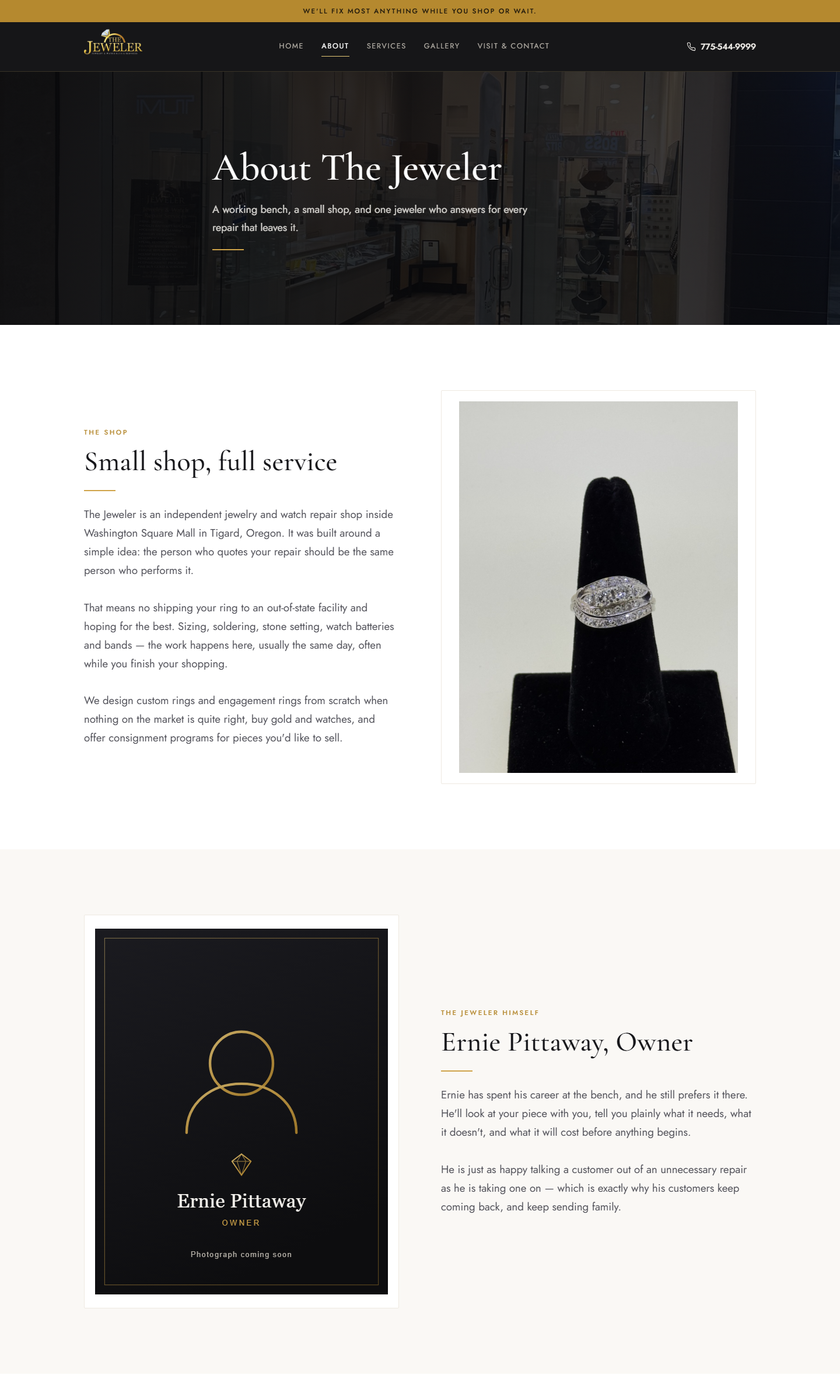 About: the shop, the man at the bench, and four promises — including telling you when your piece needs nothing at all.