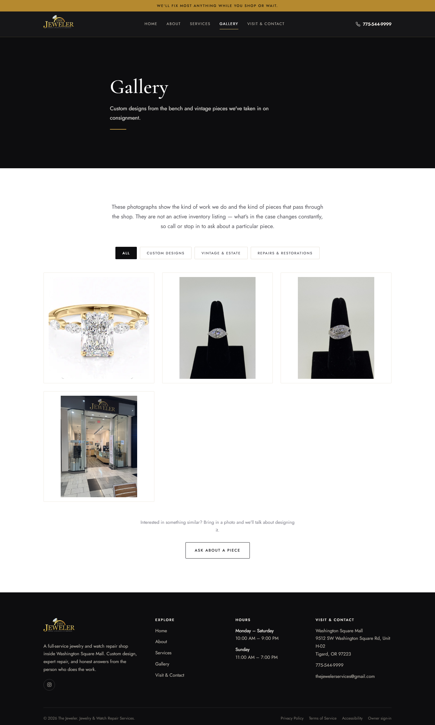 The gallery: filter by what you are looking for, and a plain note that this is a showcase, not stock.