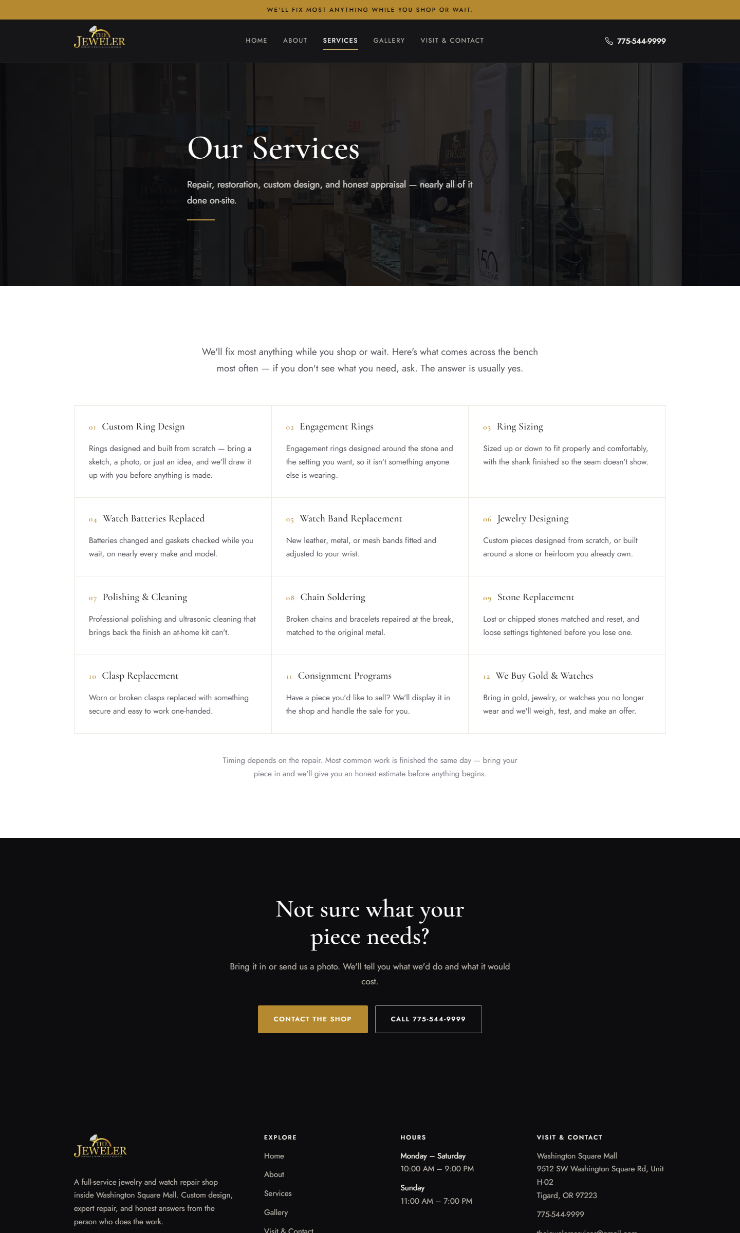Twelve services — sizing, soldering, stone replacement, watch batteries and bands, custom design, consignment, and buying gold and watches.