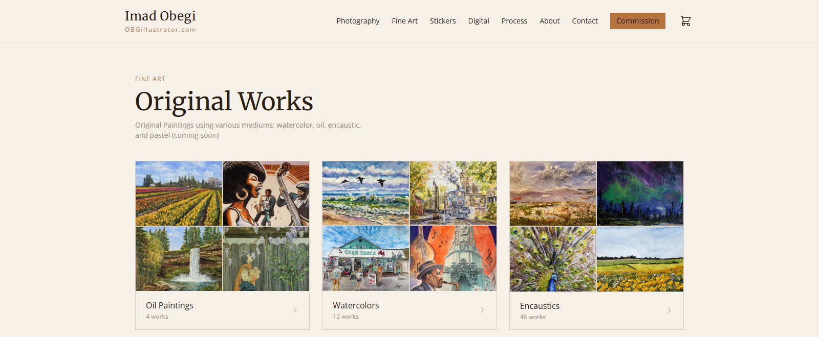 Fine art: originals and archival reprints, each with its own availability and price.