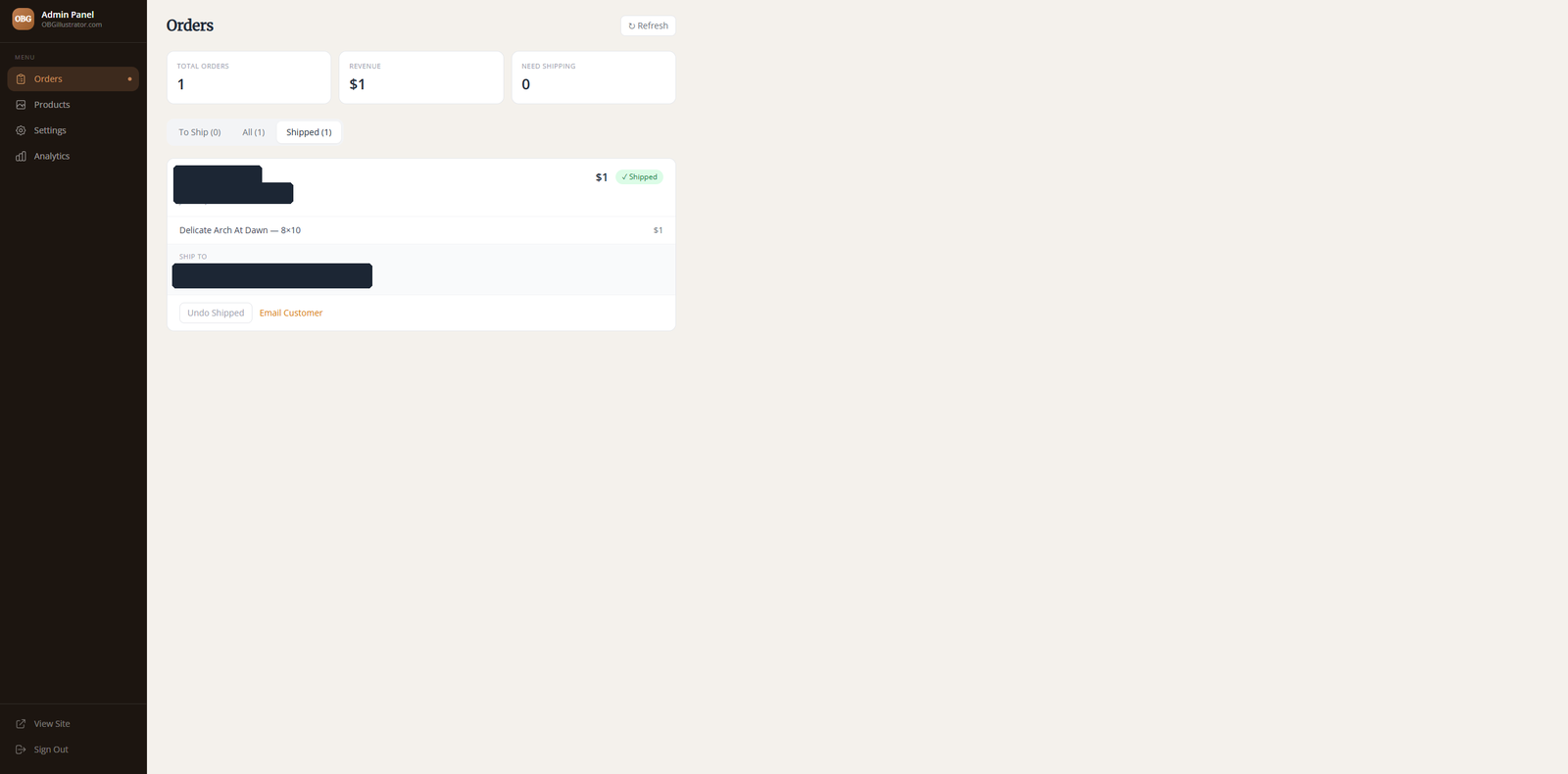 Her orders: mark one shipped, add the tracking number, keep a note.
