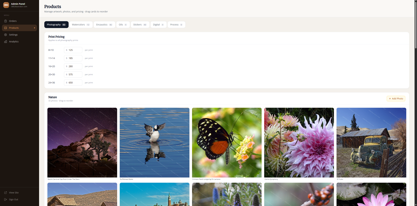 A print page — size, material, quantity, and the crop warning that prevents a disappointing order.