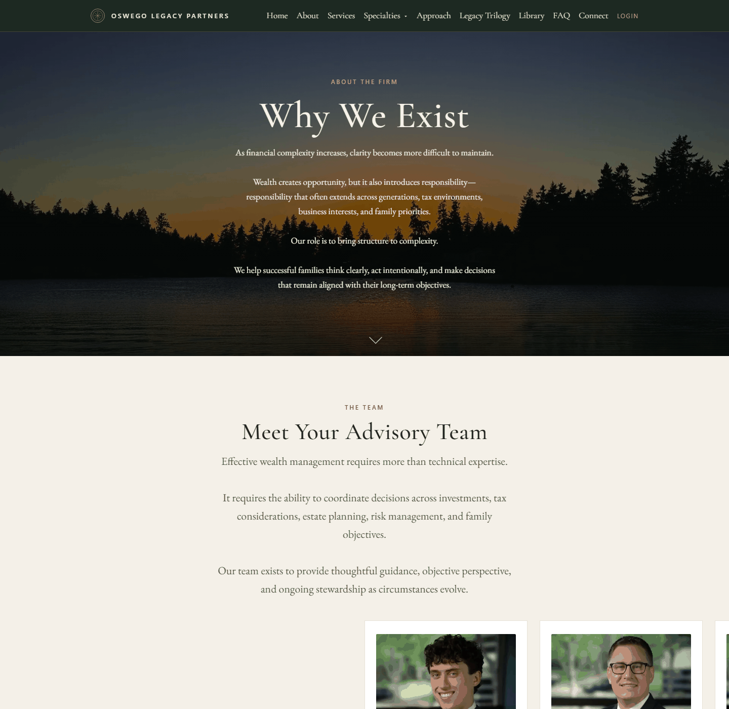 The advisory team — each with their own bio, credentials and booking calendar.