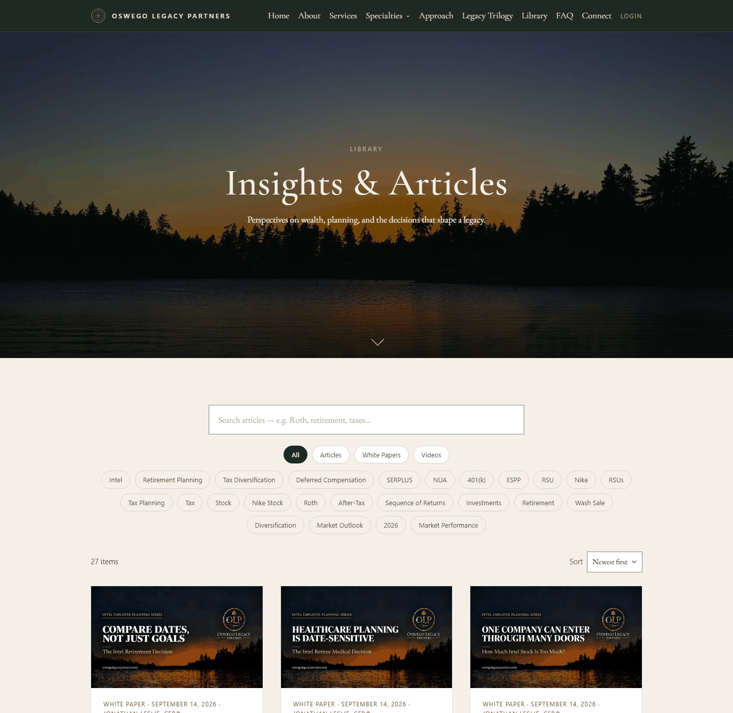 The library: their own papers and articles, searchable to the word and filterable by topic.