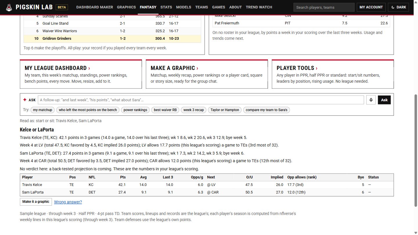 Fantasy Ask: "Kelce or LaPorta" answered with each player's points, recent form and next opponent, in the league's own scoring.