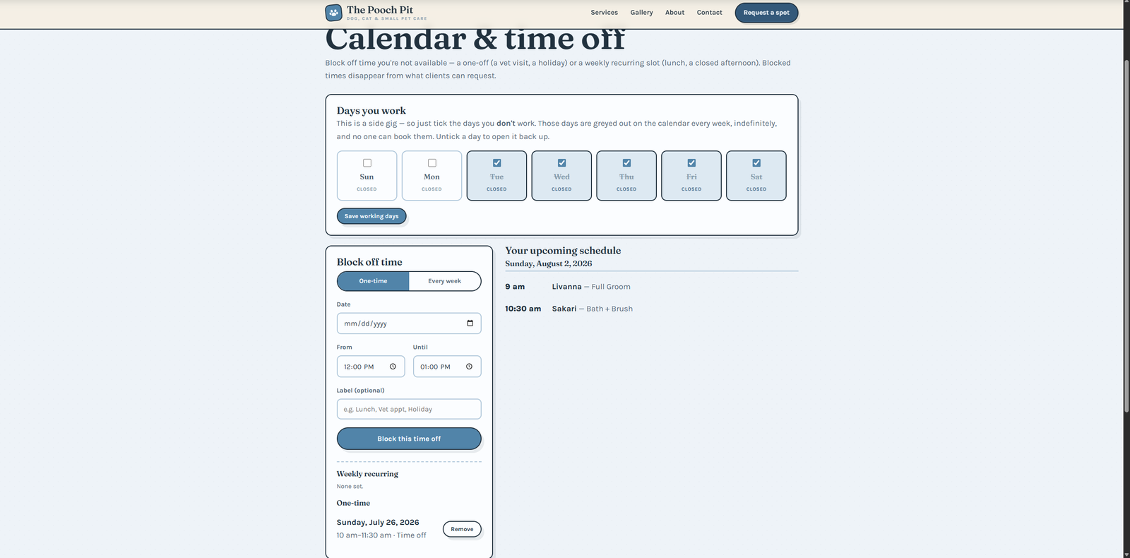 Working days and time off — the calendar the booking form has to obey.