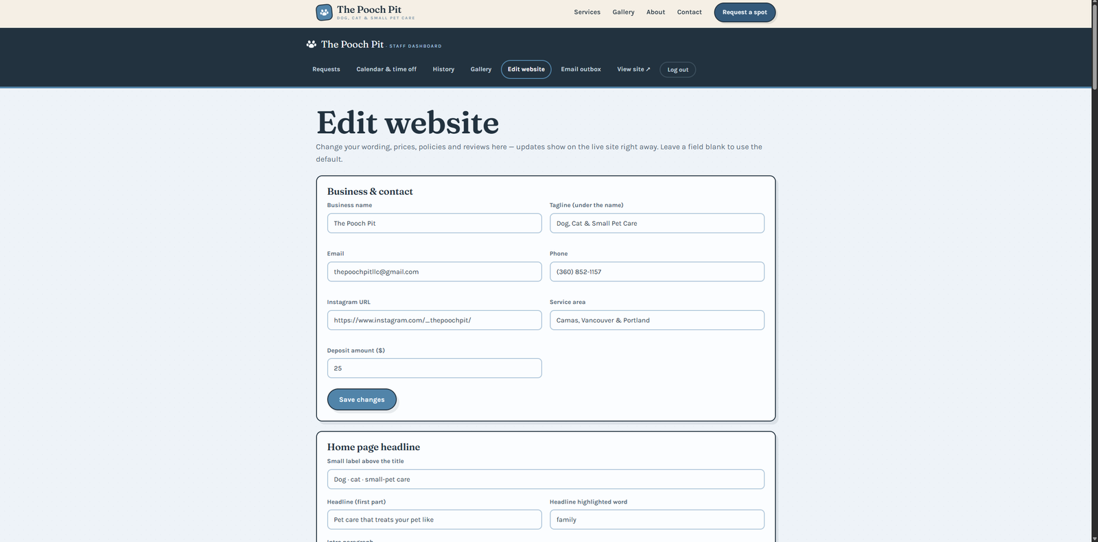 Prices, services and the words on every page, all editable without calling me.