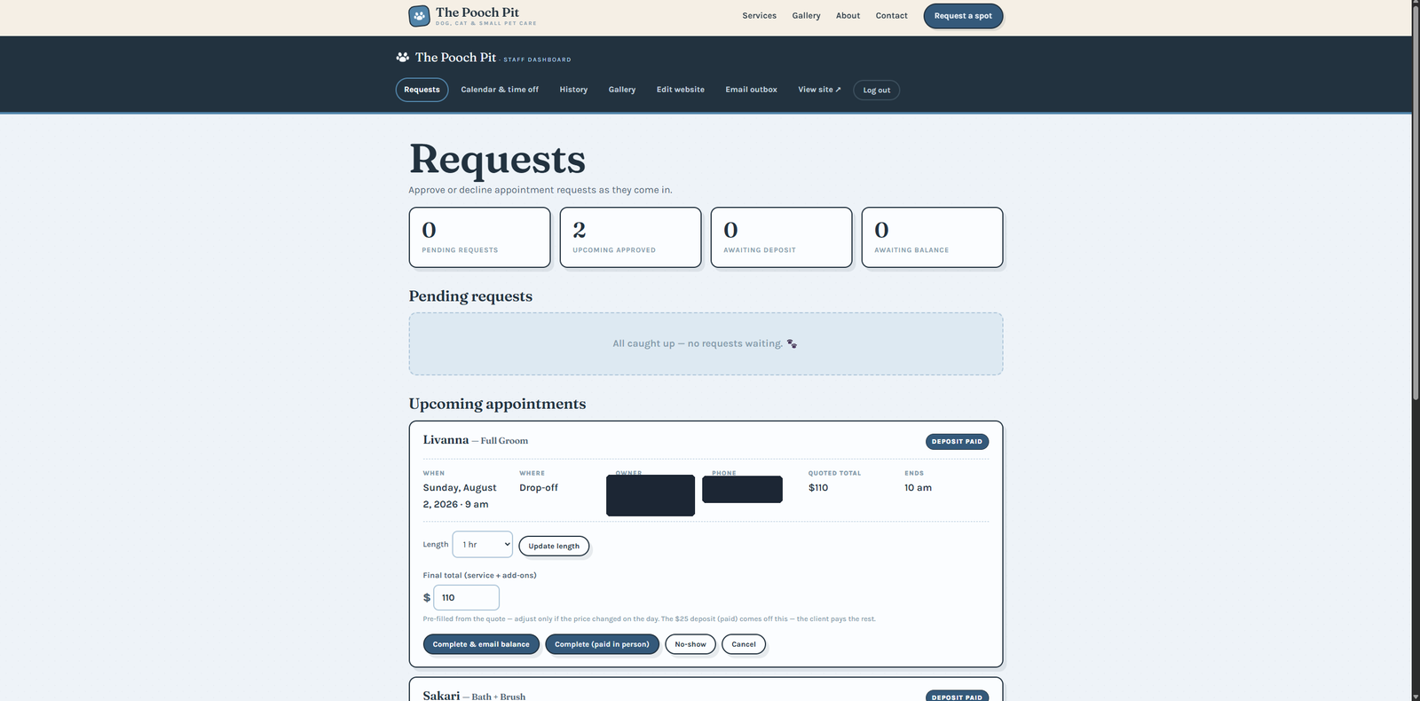 Her dashboard: approve or decline the day's requests. (Client details blanked out here.)