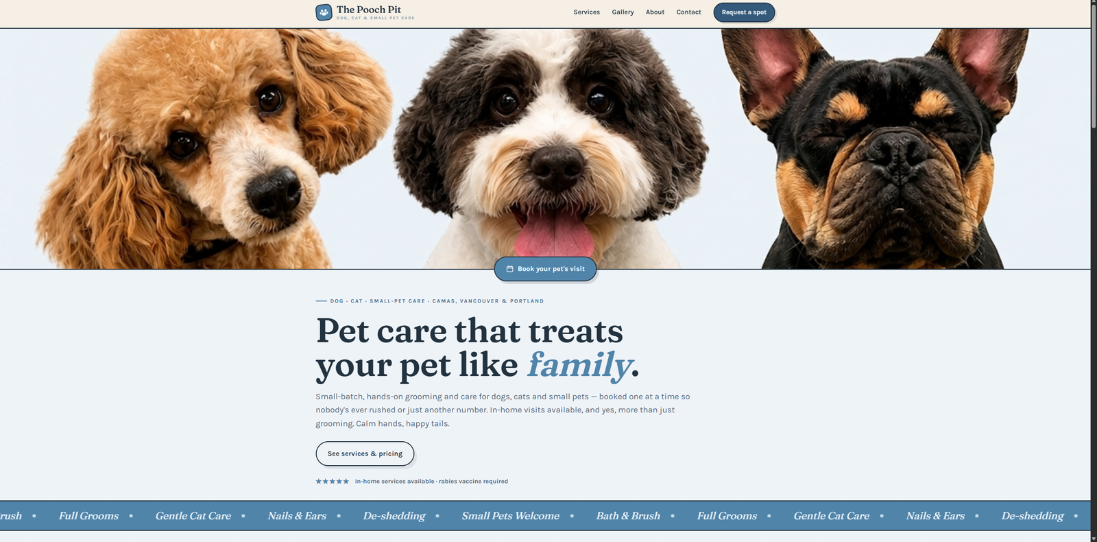 The homepage: what the shop does, who it is for, and one obvious way to book.