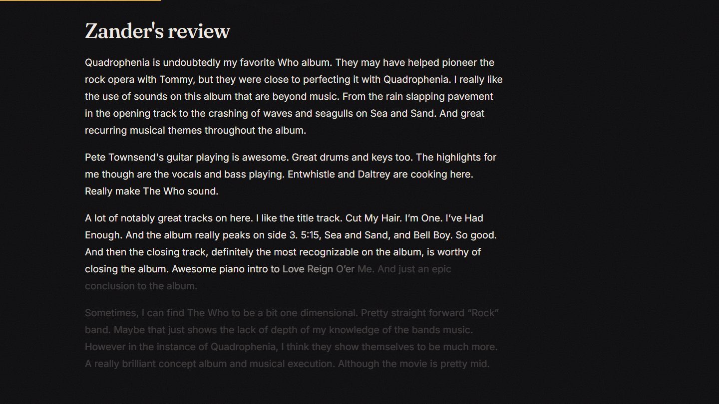 His review, written from the dashboard.