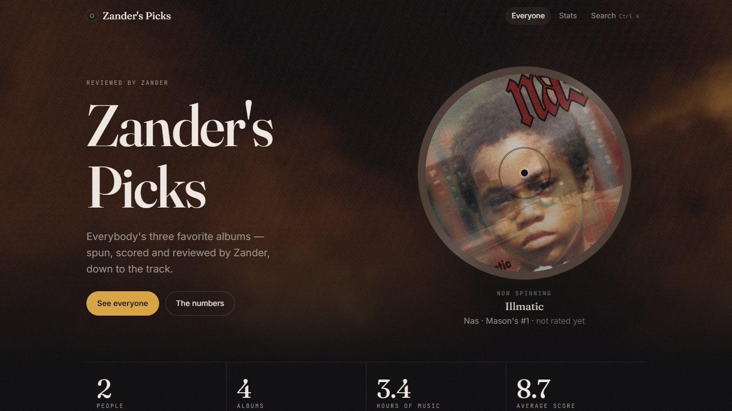 The homepage: a record spinning, and the whole collection summed up underneath it.